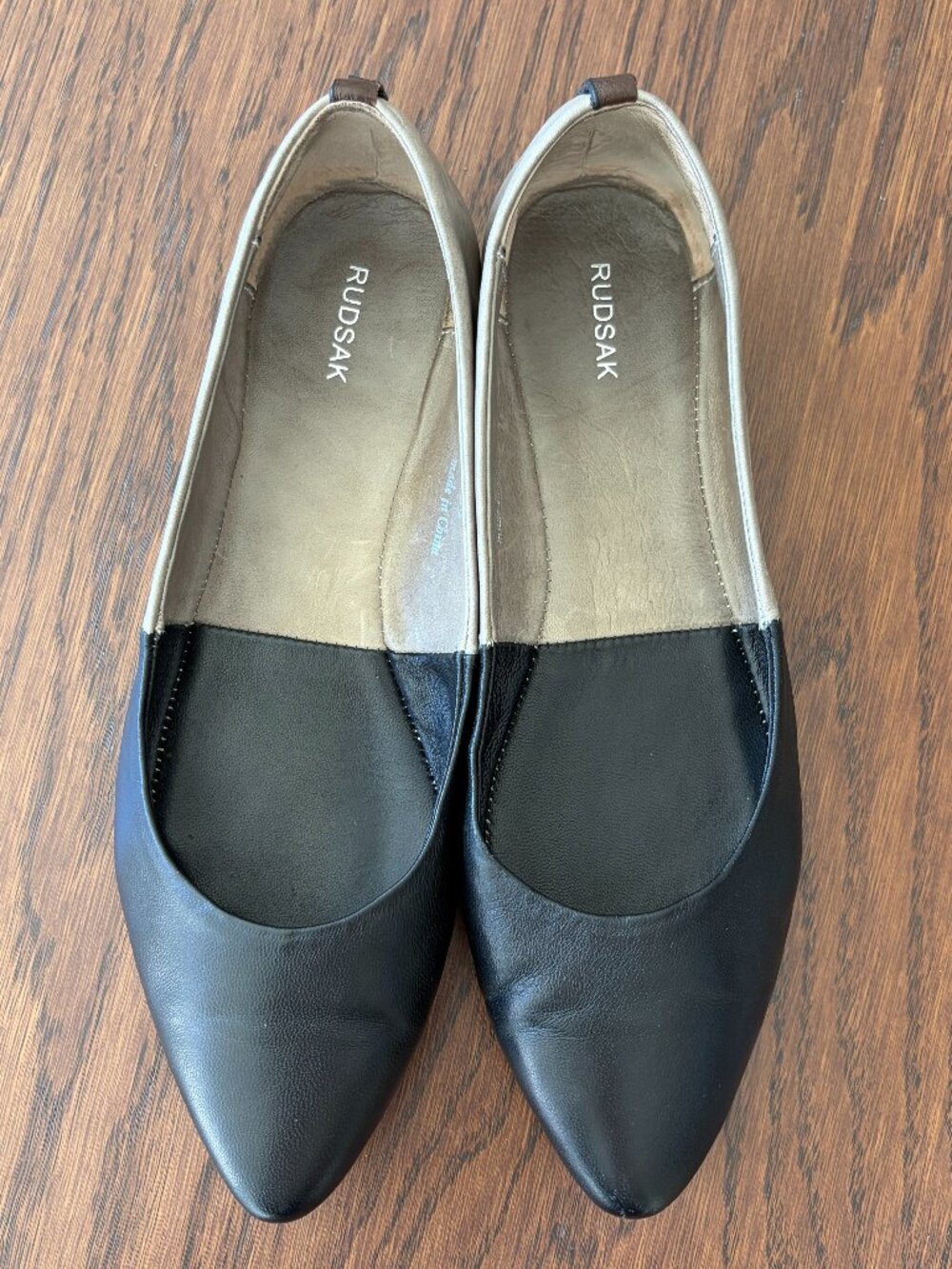 RUDSAK Leather Flats, Size US 7.5 / EU 38, Black / Dove, with box